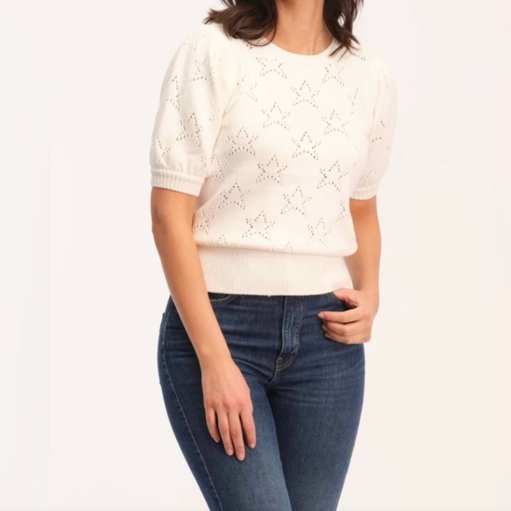 Ellie Tahari Star Knit Short‎ Puff Sleeve Sweater Top L Cream